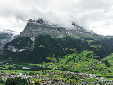 Aerial view of Bernese Alps in Grindelwald town in summertime, Swiss Alps, Canton of Bern, Switzerland.
