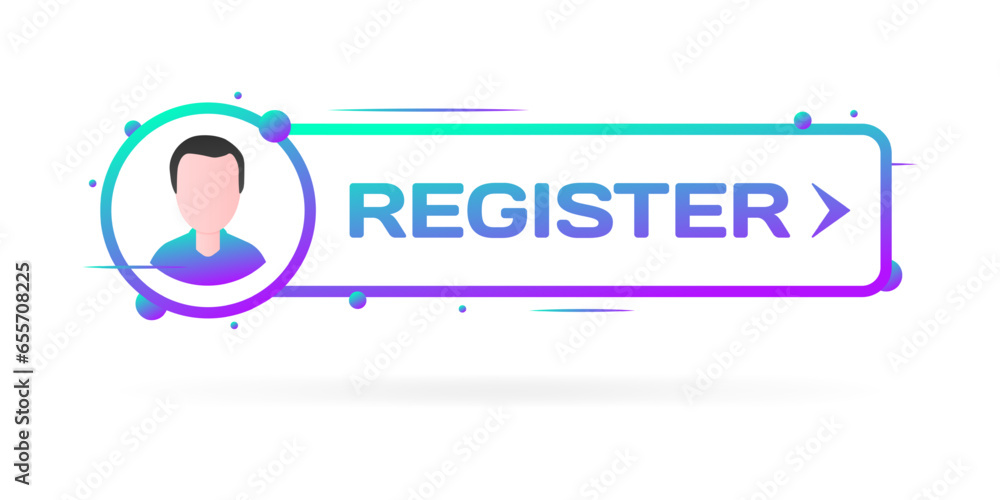 Poster register button. flat, puple, person in a circle, register button. vector icon