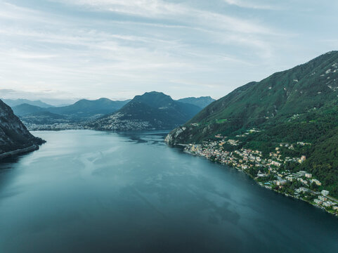 Aerial view of Lugano lake at sunset, Melide, Ticino, Switzerland.