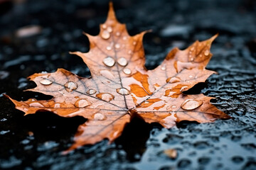 Close - up macro shot of a leaf floating in a puddle during a storm