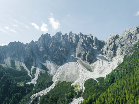 Aerial view of Croda dei Baranci (Birkenkofel) mountain peak on the Dolomites range, San Candido (Innichen), Trentino, South Tyrol, Italy.