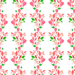 Hand drawn watercolor green and red leaves seamless pattern isolated on white background. Can be used for textile, fabric and other printed products.