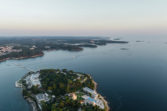 Aerial view of Otocic Sveti Nikola, a small island off Porec coastline, a small town along the Adriatic Sea in Istria, Croatia.