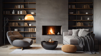 Barrel chair and round coffee table near grey corner