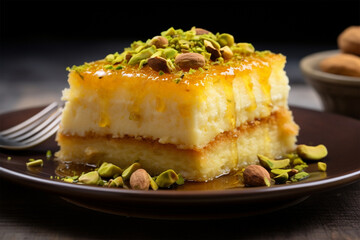 a plate of homemade kunafa with delicious cheese and pistachios