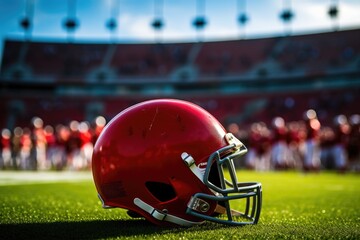 A red football helmet placed on a green turf field - Powered by Adobe