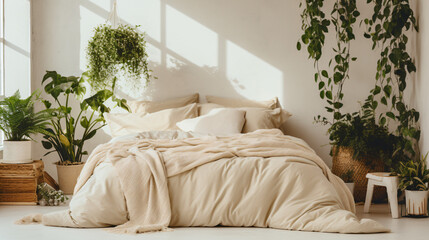 Bed with beige bedding in room with many green house