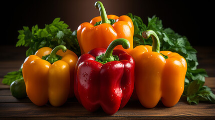 Sweet peppers on a wooden background for cooking vegetable salad, Fresh sweet pepper
