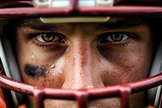 Portrait close-up, American football player in helmet. Concept American football, patriotism, close-up.