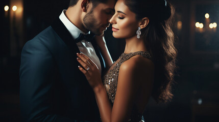 Passionate Hispanic couple in love in elegant evening dresses, woman with wedding ring on her finger
