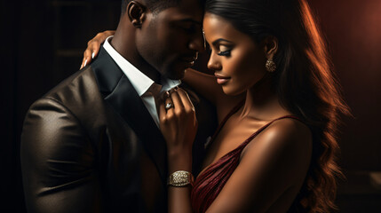 Passionate African couple in love in elegant evening dresses, woman with wedding ring on her finger