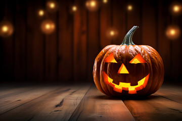 Halloween glowing scary smiling lantern ghost pumpkin face on a floor with lights and bokeh behind it, dark wooden background with copy space. Autumn, Halloween and thanksgiving concept.