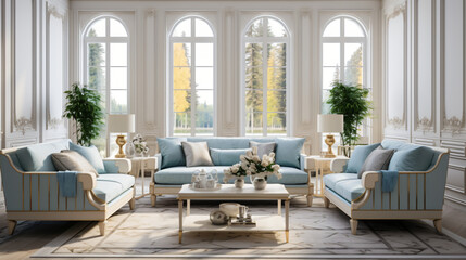 Fototapeta na wymiar Beige and blue sofas against window in classic room