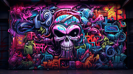 Graffiti on the wall. Neon blue and red colored style artwork