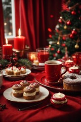Fototapeta premium Christmas cake with berries and cup of coffee on the background of the Christmas tree
