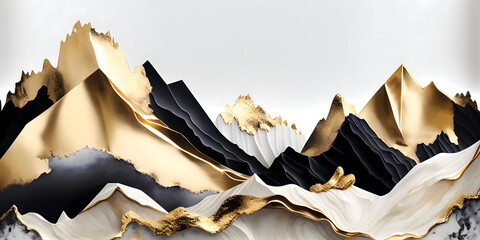 Marble and gold background, abstract mountains landscape. Generative Ai.