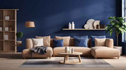 Fototapeta na wymiar Beige corner sofa in room with dark blue walls. Interior