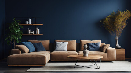 Beige corner sofa in room with dark blue walls. Interior
