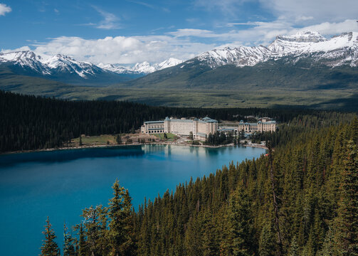 Fairview lookout of Fairmont Chateau in Lake Louise at Banff National Park in Alberta Canada. Mountain and adventure travel concept.