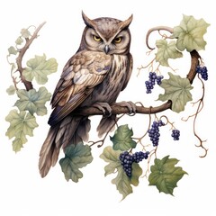 Enchanted Owl Perched on Weathered Branch Blending with Nightshade Leaves in Magical Garden