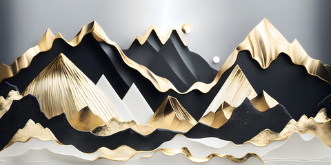 Marble and gold background, abstract mountains landscape. Generative Ai.