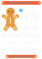 Tracing lines for children. Christmas, Christmas gingerbread man, handwriting practice development. Vector EPS10