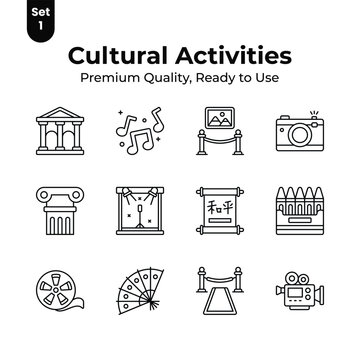 Grab this creatively designed cultural activities icons set, ready to use vectors
