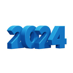 Inscription 2024. Volumetric blue plastic numbers on a transparent background. 3d render