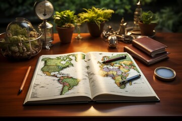 Naklejka na ściany i meble Desk with a planner open to a page filled with travel dreams and destinations, Generative AI