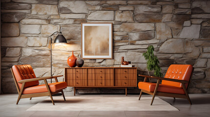 Beige lounge chair near orange loveseat sofa against wooden wall