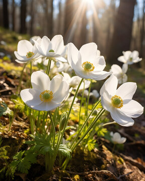Breathtaking Image of Delicate White Anemones in Soft Sunlight, Symbolizing Spring's Renewal in Forest.