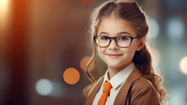Schoolgirl wearing glasses. Portrait of cheerful kid