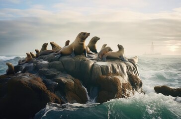 Sea lions on rocks in the water