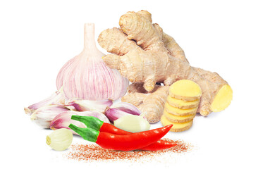 garlic, ginger and cayenne pepper isolated on white background