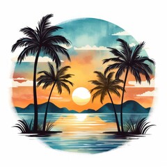 Serene Ocean Sunset and Palm Silhouettes in Blissful Watercolor Hawaii Tiki Clipart
