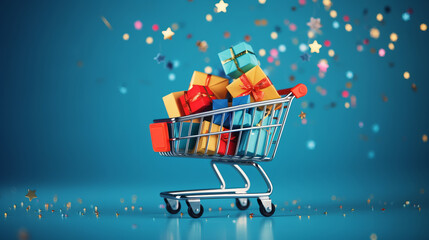 Shopping cart full of colorful gift boxes on the blue background - obrazy, fototapety, plakaty