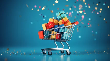 Foto op Plexiglas Shopping cart full of colorful gift boxes on the blue background © standret
