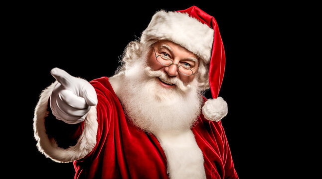 Smiling Santa Claus pointing at empty black advertising banner background