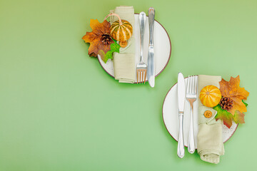 Autumn table setting. Thanksgiving cutlery, traditional fall decor, flat lay. Festive cozy mood