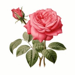 Elegant Botanical Illustration of Various Rose Types in the Style of Pierre-Joseph Redouté, High Definition, Isolated on a White Background