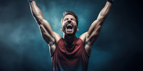 Strong athlete raises hands up and screams in celebration of success - obrazy, fototapety, plakaty