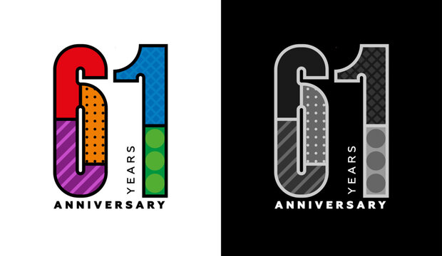 Set of 61st anniversary logos, sixty-first birthday, colorful logo for celebration event, invitation, congratulations, web template, flyer and booklet, retro symbol
