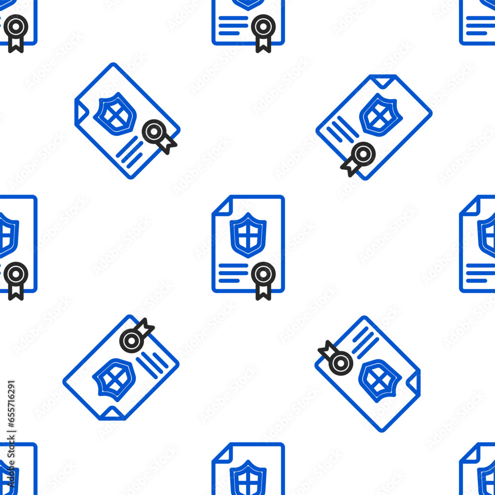 Poster line contract with shield icon isolated seamless pattern on white background. insurance concept. sec