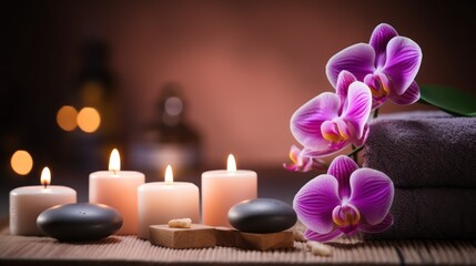 High-End Spa Wellness Background - Massage Stone, Orchid Flowers, Towels, and Burning Candles