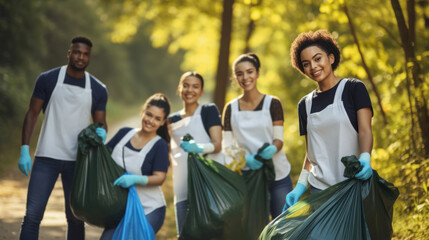 Team of young and diverse volunteers that are standing in the park, collecting trash in bags