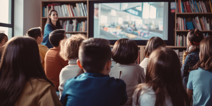 Teacher and students are watching video together indoors