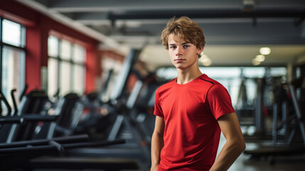 Teenage boy is standing at gym, motivated person