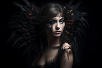 Culture and religion, fashion and make-up concept. Beautiful and sexy woman portrait with black wings. Dark angel. Model wearing black clothing. Generative AI - obrazy, fototapety, plakaty