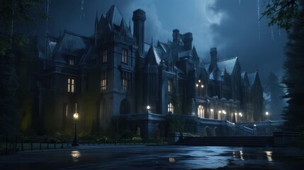Fototapeta na wymiar Moonlit Bruce Wayne's Manor with Bluish Gray Neon Lighting Captured on Google Street View