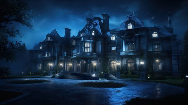 Moonlit Bruce Wayne's Manor with Bluish Gray Neon Lighting Captured on Google Street View